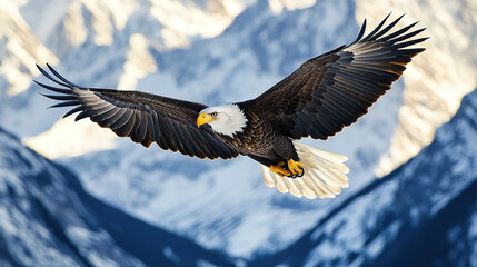 Naklejka premium Bald eagle soaring in front of snow-capped mountains