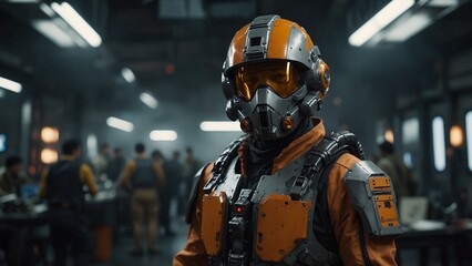 A character cosplaying as a mech pilot with a jumpsuit, helmet, and control panel backdrop.