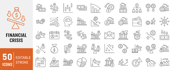 Financial Crisis icon collection. Containing depressions, economic downturn, stock marker cash, financial meltdown, recession, credit crunch, trade war icon. Simple line vector.