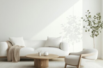Fototapeta premium Cozy living area scene. Interior of living minimal style with empty space for products presentation or text for advertisin , ai