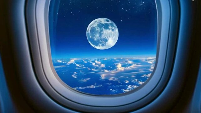 view from airplane window full moon and clouds 