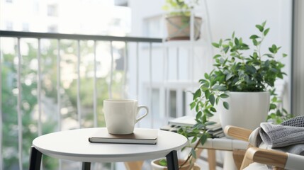 Fototapeta premium Serene Breaks and Relaxation: Recharging on a Sunny Balcony with Coffee