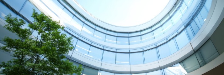 The image portrays a modern glass building with a tree in the foreground against a clear sky, highlighting contemporary architectural design and a blend with nature.