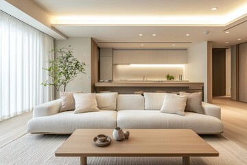 Fototapeta premium This is the living room and kitchen of the house with the wood finish. This is a modern japandi interior with a sofa in the living room. Generative AI 