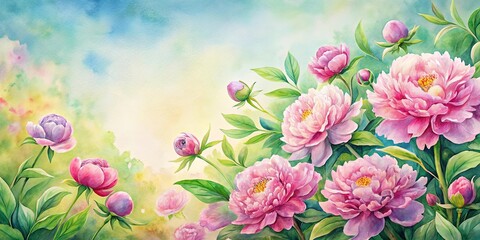 Watercolor peony flowers on a summer background with flowing floral pattern