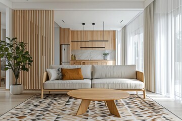 A modern living room interior photograph of a woody japandi interior and a Scandinavian interior combination. Generative AI
