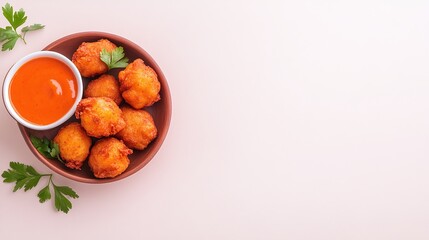 Bowl of Pakora balls with parsley garnish served with dipping sauce on a pastel pink background. Great for party snacks or finger food with space for text.