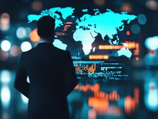 A professional observing data analytics on a digital map, showcasing business insights and global connectivity in a modern workspace.