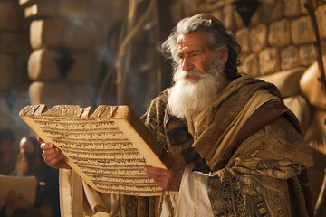Moses Holding the Tablets of the Ten Commandments Given by God to the Israelites in the Christian Bible Story