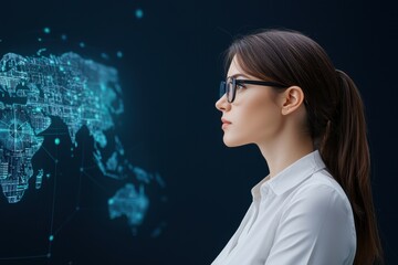 A professional woman in glasses analyzes digital data on a futuristic interface, symbolizing technology and global connection.