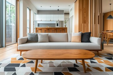 A Scandinavian mid-century modern interior photo of a residential living room with wood-paneled walls and a sofa and table. Generative AI
