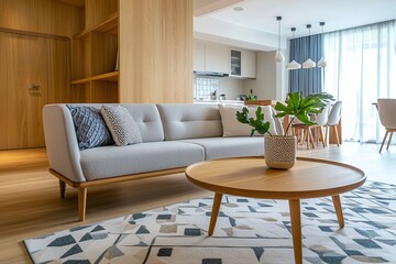 A Scandinavian mid-century modern interior photo of a residential living room with wood-paneled walls and a sofa and table. Generative AI
