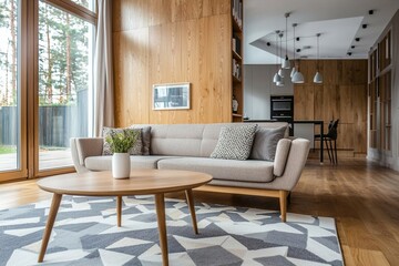 Fototapeta premium A Scandinavian mid-century modern interior photo of a residential living room with wood-paneled walls and a sofa and table. Generative AI 