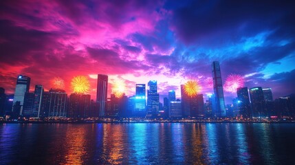 Fototapeta premium Cityscape with Fireworks and Dramatic Sky
