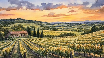 A stone house nestled in a vineyard in the Tuscan countryside, bathed in the warm glow of a sunset, with rolling hills and a sky of soft pink and orange.