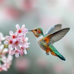 Graceful Hummingbird in Flight Carrying Vibrant Bouquet of Flowers