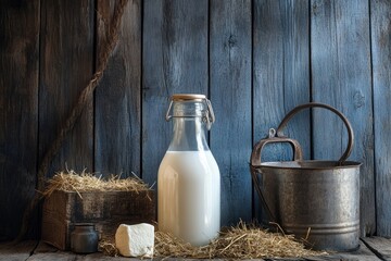 Fresh Farm Milk: Capture a rustic still-life of fresh milk in a glass bottle, surrounded by scenic farm elements like hay, barn wood, and a milk pail , ai