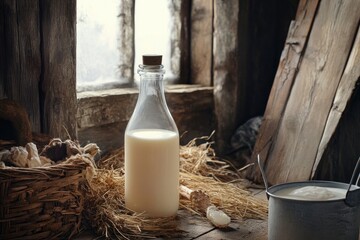 Fresh Farm Milk: Capture a rustic still-life of fresh milk in a glass bottle, surrounded by scenic farm elements like hay, barn wood, and a milk pail , ai