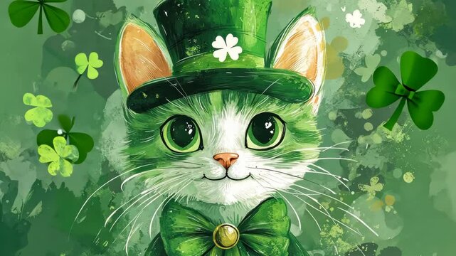 Festive green cat dressed for St. Patrick's Day celebration, showcasing playful spirit and cheerful details in vibrant surroundings