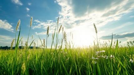 Obraz premium A vibrant field of tall grass illuminated by the warm light of the setting sun under a clear blue sky.