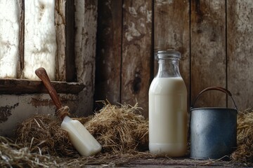Fresh Farm Milk: Capture a rustic still-life of fresh milk in a glass bottle, surrounded by scenic farm elements like hay, barn wood, and a milk pail , ai