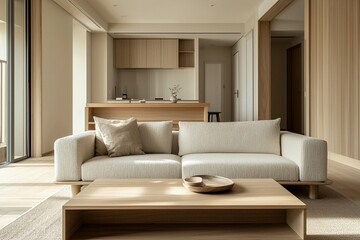 Fototapeta premium This is the living room and kitchen of the house with the wood finish. This is a modern japandi interior with a sofa in the living room. Generative AI 