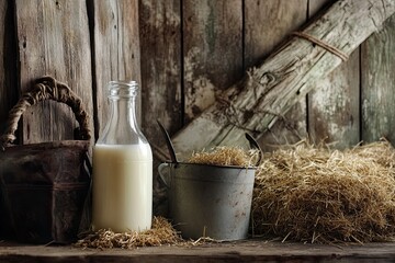 Fresh Farm Milk: Capture a rustic still-life of fresh milk in a glass bottle, surrounded by scenic farm elements like hay, barn wood, and a milk pail , ai