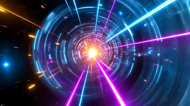 Exploring vibrant light trails in a futuristic tunnel at night with dynamic colors and patterns