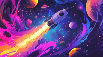Obraz premium Space Rocket Blasting Off Into Vibrant Galaxy Illustration