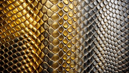 Close up of gold and silver snake skin pattern on black background with scales
