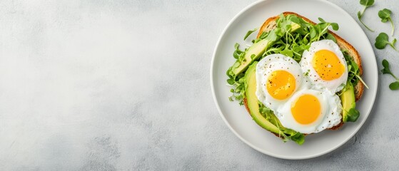 Delicious breakfast featuring sunny-side-up eggs on a crispy avocado toast garnished with fresh greens.