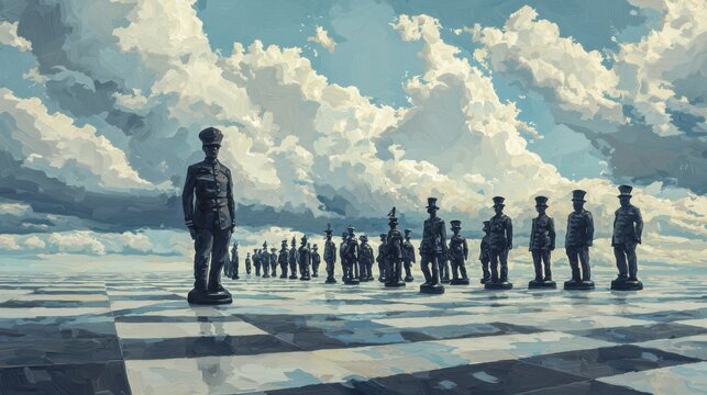 Chess Pieces March as Military Troop on Giant Board in Surrealist Style