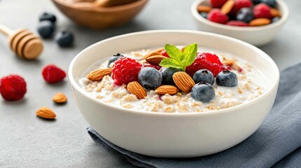 Delicious oatmeal topped with fresh berries, almonds, and mint, served in a stylish bowl, perfect for a healthy breakfast.