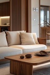 This is the interior of the living room, finished with wood from a wooden board. This is a photo of the Japandi Mid century Modern Interior with a sofa and a wooden table, Generative AI
