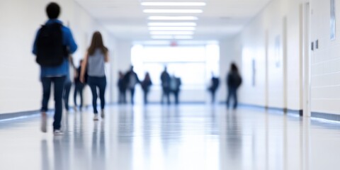 A group of students walk along a well-lit and modern school hallway, representing the daily routines and interplay of social interactions, growth, and learning in educational institutions.