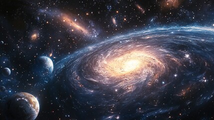 Obraz premium A beautiful view of sunrise over Earth, with swirling galaxies in the background