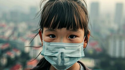 Young girl wearing a mask looks directly at the camera in a city backdrop during daytime