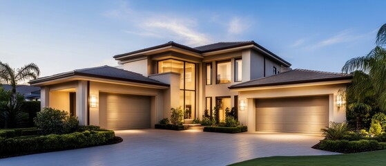 Fototapeta premium Modern house with elegant design and spacious driveway, illuminated at dusk, showcasing luxury and contemporary architecture.