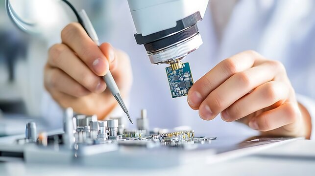 Close-up of a person examining a circuit board with a microscope