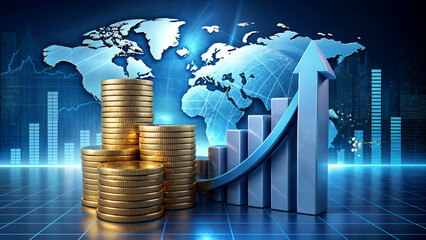 Dynamic financial growth concept with ascending coin stacks, upward arrows, global map backdrop, and digital graphs suggesting positive economic trends.