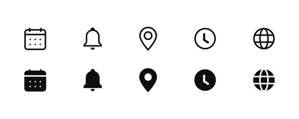 Address location icon. Notification bell icon. Stopwatch timer icon. Date Calendar icon. Website global icon - Web icons set