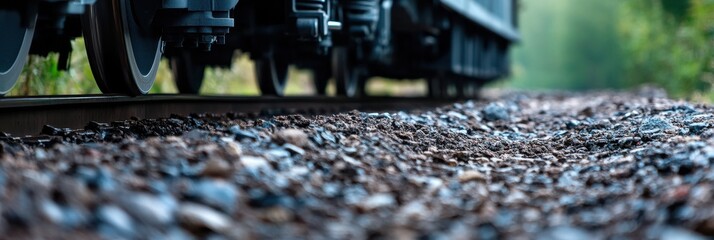 A close-up image of train wheels on a railroad track, highlighting the interaction between the moving vehicle and the stable ground, symbolizing travel and transportation.