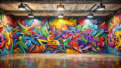 Colorful abstract graffiti on front wall interior
