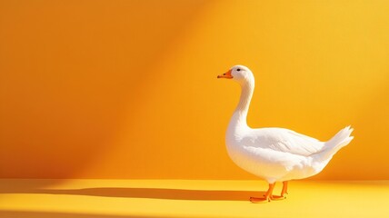 Fototapeta premium White duck stands against bright yellow background casting shadow
