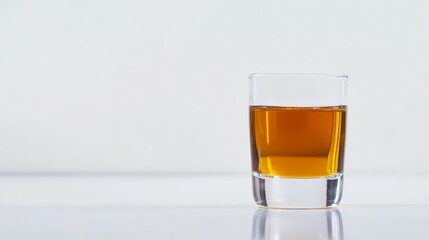 A clear glass filled with amber-colored whiskey on a white surface, captured with a minimalist and clean background.