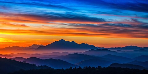 Obraz premium Twilight sky in shades of indigo and orange silhouetting distant mountains and bringing a sense of evening tranquility