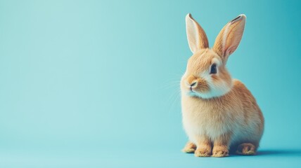 Obraz premium Cute brown rabbit with blue background, looking alert