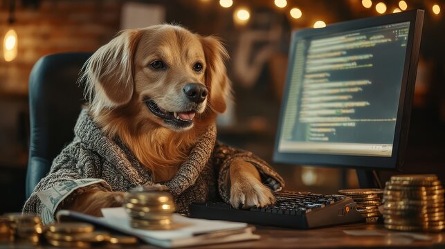 A cute Golden Retriever wearing a sweater sitting at a computer with programming code on the screen and golden coins on the desk.