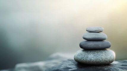 Balanced stack of smooth pebbles on misty background