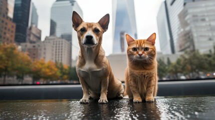 A dog and a cat sitting together on a ledge in an urban environment with high-rise buildings in the background.